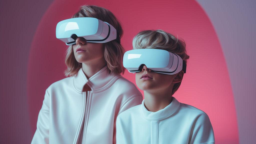  due giovani in abiti futuristici indossano dei visori